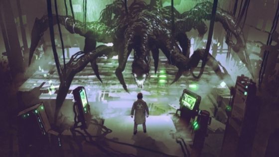 Man in lab stands before a monstrous looking creature with many legs