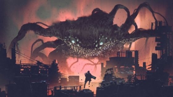 Giant monster with tons of eyes and tentacles floating over city while a small, lone figure rises to meet it with a canon blaster