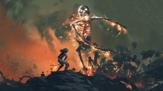 Skeleton charges out of flames at girl with bow and arrow