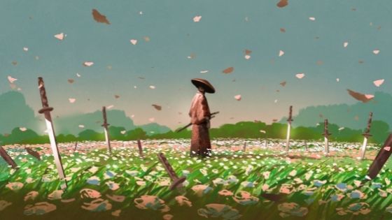Japanese man in a flowery field with swords stabbed into the ground all around him