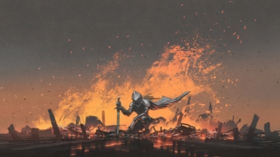 Knight Kneels In Fiery Cracks