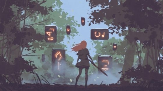 Girl with a sword standing in front of floating stones with glowing runes etched in them