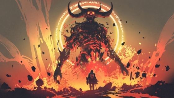 Man with sword and shield faces a lava giant with four horns coming out of lava and flames